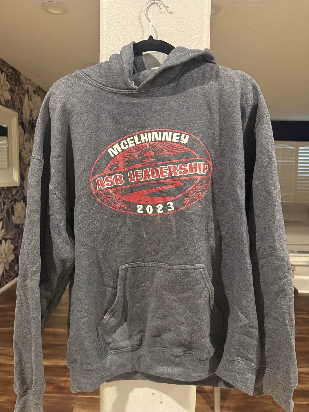Gildan Gray Hoodie with Red McElhinney ASB Leadership 2023 Graphic